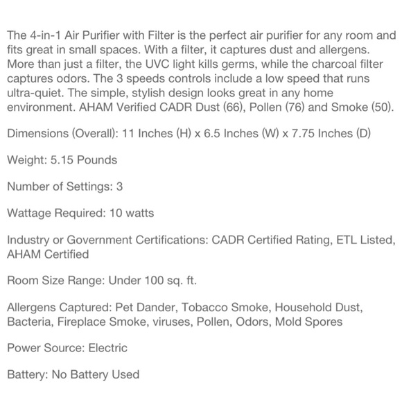 GERMGUARDIAN 3 in 1 Air Purifier Table Top Tower w/2 Bonus Carbon Filters, Gray - Picture 2 of 8